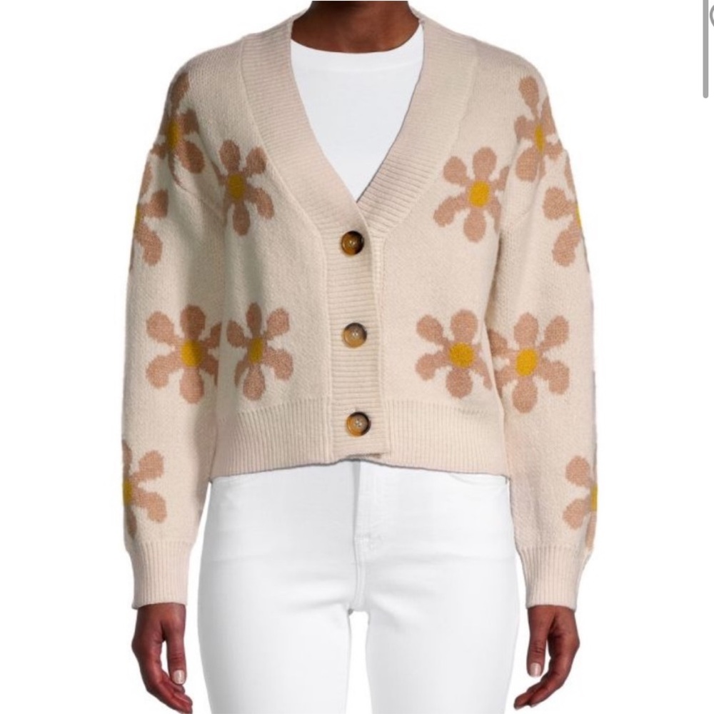 Industry Flower Power Button Cropped Cardigan Cream‎ Tan V Neckline-Small